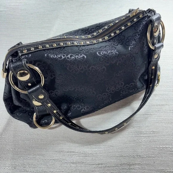 Kathy Van Zeeland Black Floral Jacquard Satchel Handbag Gold Heart Charm Studded - Picture 3 of 16